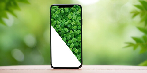Smartphone with blank screen on wooden table and green leaves background.