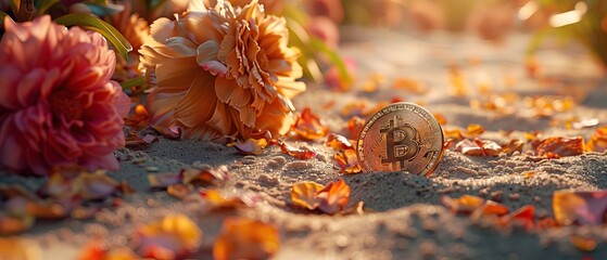 Bitcoin cryptocurrency coin on a sandy beach with scattered flower petals. Digital economy and alternative investment concept ideal for financial design and editorial use