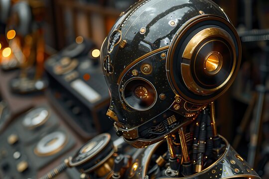 Steampunk robotic head with intricate details. Futuristic technology and science fiction concept suitable for design in themed events and creative media