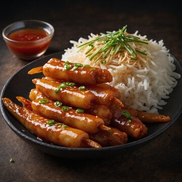 Photo deep fried tteokbokki with sauce rice cake stick korean food style sideview