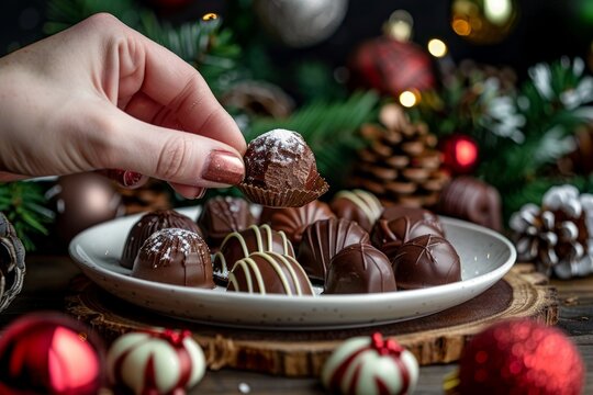 Hand picking up a chocolate bonbon from a plate on wooden table with Christmas decoration and isolated dark background. Front view.