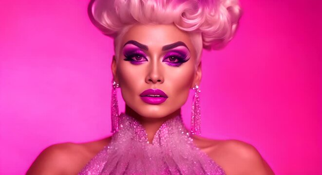 Transvestite woman on pink background.