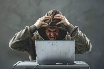 Angry hacker man in hoodie suit is screaming because he failed to hack the security system