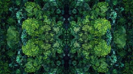 Aerial drone shot top-down bird's eye view, mirror image, jungle rainforest canopy, symmetrical vibrant eco nature background, isolated, abstract organic nature-inspired natural textures banner - obrazy, fototapety, plakaty