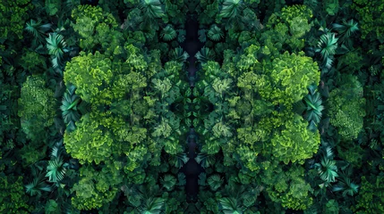 Fotobehang Aerial drone shot top-down bird's eye view, mirror image, jungle rainforest canopy, symmetrical vibrant eco nature background, isolated, abstract organic nature-inspired natural textures banner © Goodwave Studio