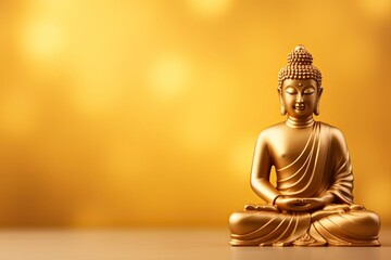 Buddha statue on golden background and copy space - generative ai