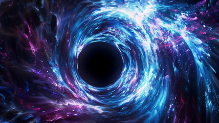 A black hole is shown in the center, with blue and purple rays radiating outward to show depth and perspective.