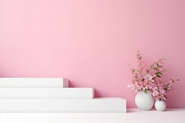 A minimalist pink background with white podiums showcasing a delicate flower arrangement in a white vase. Minimalist Pink Background with Flower Vase