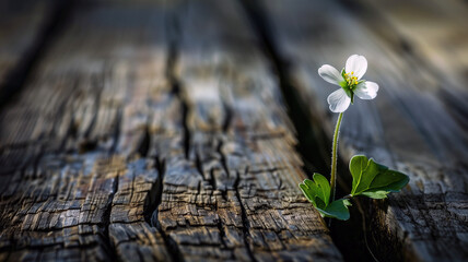 A small white flower growing from the crack of an old wooden table