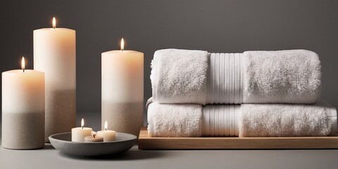 Obraz na płótnie Canvas Spa still life with towels and candles on grey background. Spa concept.