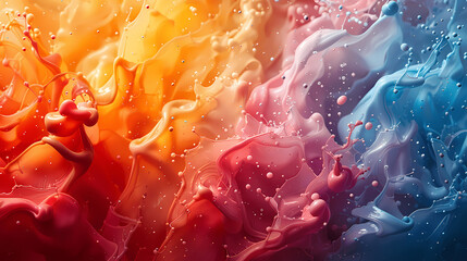 A vibrant background of swirling colors, with droplets and splashes creating an abstract design; Colorful liquid explosion; 3d