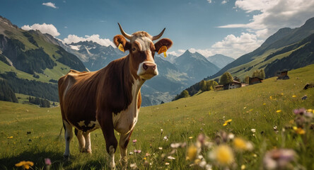 Fototapeta na wymiar Swiss Alps cow dairy cattle on a green meadow of Alps mountain under a blue sky on a sunny summer day. 