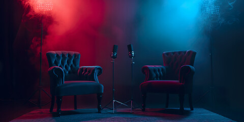 two chairs and microphones in podcast or interview