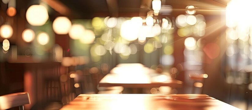 A blurred image of a restaurant with wooden table and chairs, hardwood floors, and glass windows. The room exudes a fun and inviting atmosphere