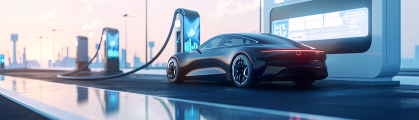 Autonomous electric car at hydrogen fueling station, driverless technology, future energy vehicle concept. Net zero emission transport. Sustainable future with hydrogen fuel cell innovation.