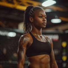 Fototapeta premium Woman in black sports bra top standing in gym