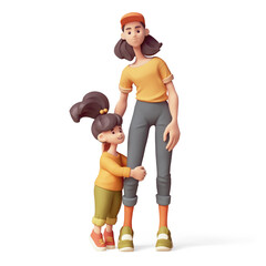 Cute kawaii excited asian smiling child girl hugs young mother's leg. Mom and сheerful daughter in fashion casual green, yellow, blue clothes. Concept friendly family. 3d render isolated transparent.