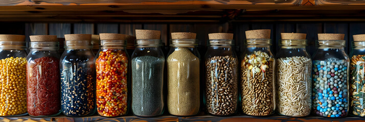 Jars of Seed and Grain Samples on Shelves ,
 pantry shelf filled with jars of dry goods grains and legumes - obrazy, fototapety, plakaty