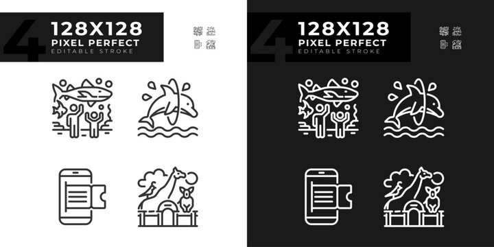 Zoo exhibit pixel perfect linear icons set for dark, light mode. Online booking. Aquatic show. Zoological park. Thin line symbols for night, day theme. Isolated illustrations. Editable stroke