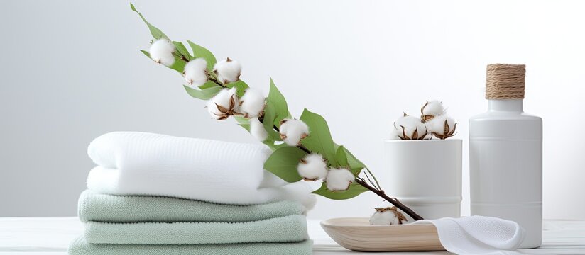A still life photography capturing a stack of towels, cotton flowers, cotton swabs, and a bottle of lotion arranged on a table, creating a serene and artistic composition