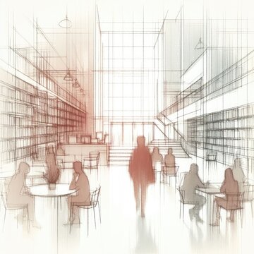 Sketch of library interior in splash ink painting with Generative AI.