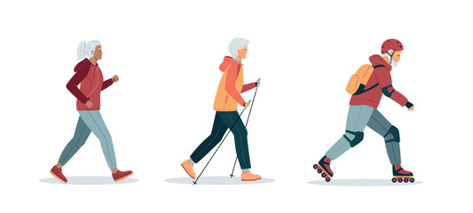 Energetic happy gray haired elderly women and man, Healthy lifestyle. Elderly woman running with headphones. Elderly woman practice nordic walking. Old adult man rollerblading. Vector Illustration - obrazy, fototapety, plakaty
