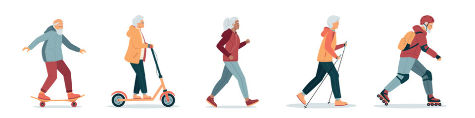 Energetic happy gray haired elderly people, Healthy lifestyle. Elderly women running, practice nordic walking, rides electric scooter. Old adult men rollerblading, skateboarding. Vector illustration