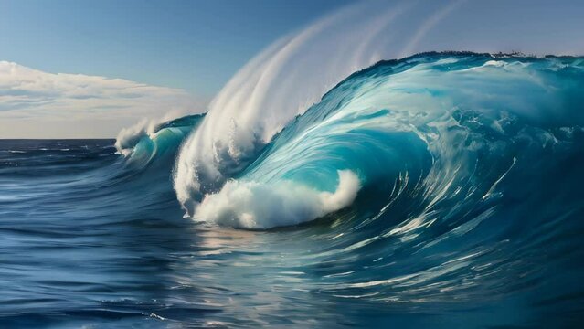 Colossal wave rises imposingly from emerald green sea. Foaming white crest churns and forcefully hurls spray skyward. 