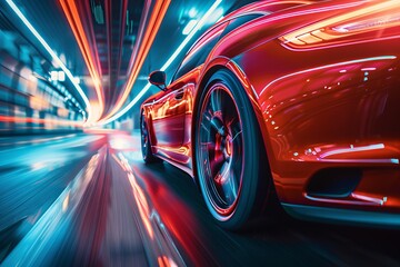 A red sports car is speeding down a road with neon lights in the background. Generative AI - obrazy, fototapety, plakaty