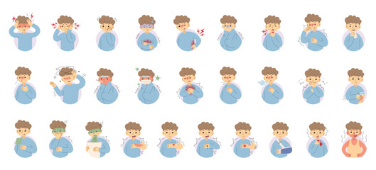 Symptoms, Ailments and Injuries Collection 4 cute on a white background, vector illustration.