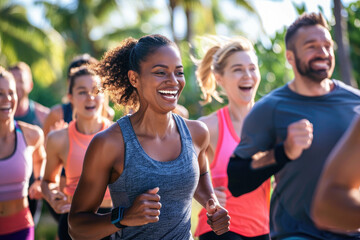 A diverse group of people running outdoors, smiling and laughing together in an active fitness class