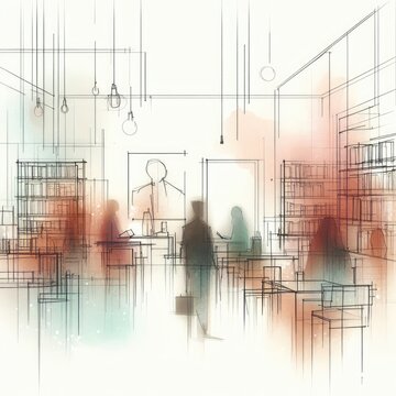 Sketch of library interior in splash ink painting with Generative AI.