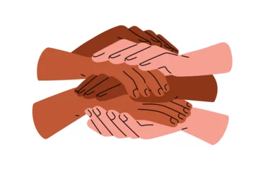 Foto auf Leinwand Diverse hands stack, pile of people group, international team, partners together. Unity, multi-ethnic partnership, trust, support concept. Flat vector illustration isolated on white background © Good Studio