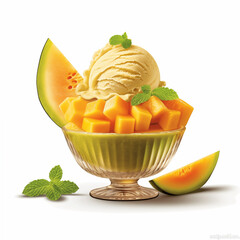 Melon ice cream, ice flakes with syrup