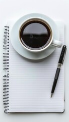 Minimalist office workspace with blank notebook, pen, and coffee cup on light background