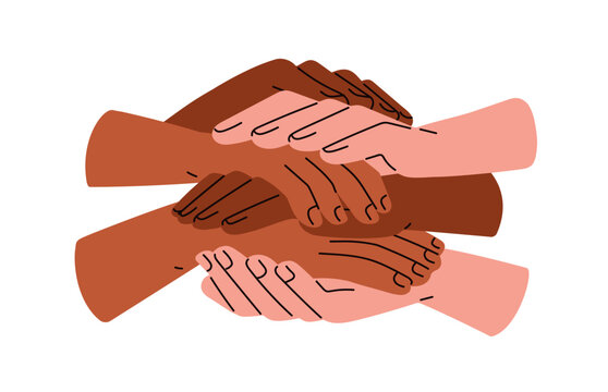 Diverse hands stack, pile of people group, international team, partners together. Unity, multi-ethnic partnership, trust, support concept. Flat vector illustration isolated on white background