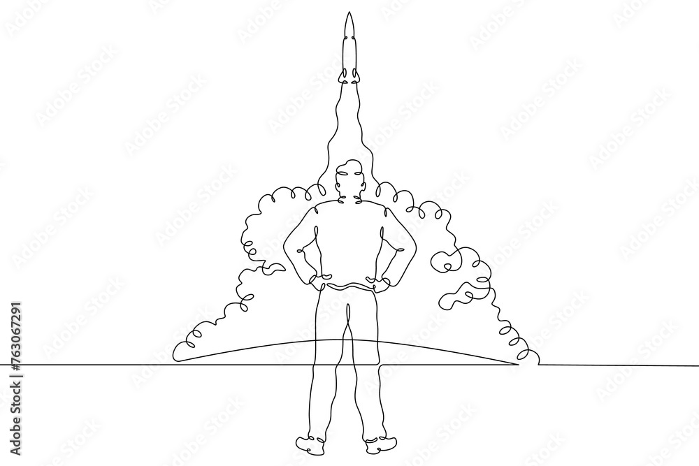 Poster spaceship launch. the constructor man watches the rocket take off. rocket builder at the spaceport. 
