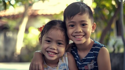 Siblings posing for a photo with big smiles