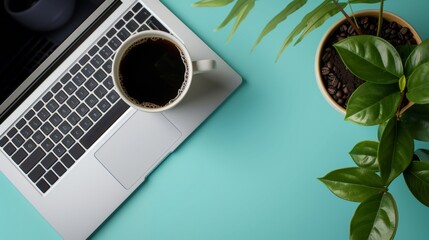 Office coffee break on blue desk, mockup on pastel background with copy space for text placement