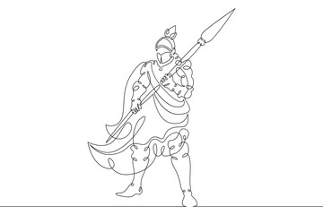 Medieval knight. Fantasy hero in heavy armor. Warrior in combat attire. One continuous line . Line art. Minimal single line.White background. One line drawing.
