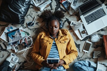 Fototapeta na wymiar The top view of picture that about young african american human laying down and listening to the music and focused in the full of the thought and music with room that surrounded with devices. AIGX03.
