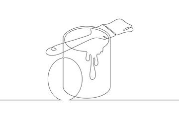 Construction and repair. A wide brush and a can of paint. Can of paint. Brush.One continuous line . Line art. Minimal single line.White background. One line drawing.