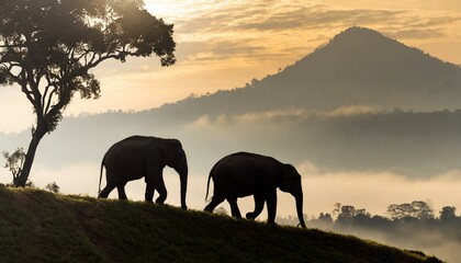 Silhoutte of elephants walking throught the hill