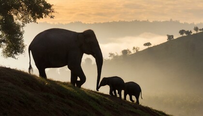 Silhoutte of elephants walking throught the hill