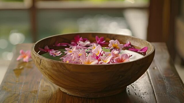 A wooden bowl filled with water and floating flower petals used in Thai traditional healing ceremonies known as Luk Pra Kob.