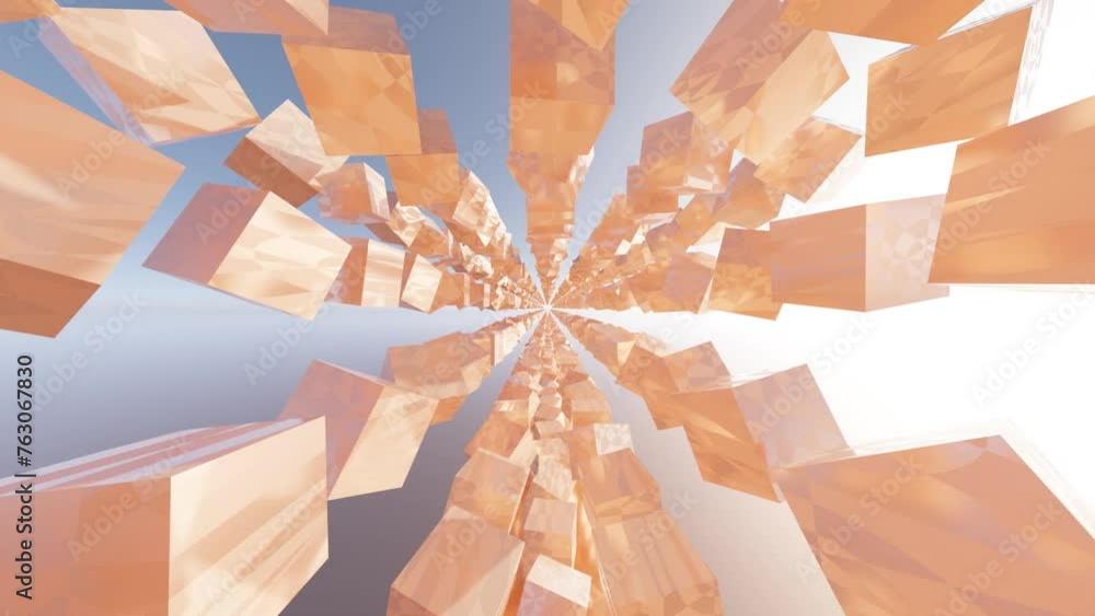 Poster persimmon-colored rotating cubes rows stretching to the horizon in modern 3d render