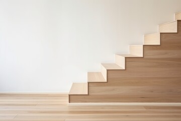 A clean and modern wooden staircase ascending in a bright, warmly lit interior space. Wooden...