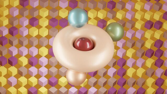 Colorful Balls Rolling on Torus Surface with Cubic Background: Abstract Motion Graphic