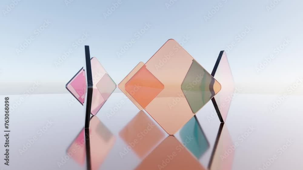 Aufkleber rotating transparent colorful square plates on mirrored surface: abstract 3d animation