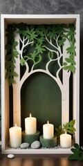 Burning candles in wooden frame with green leaves on grey wall background.